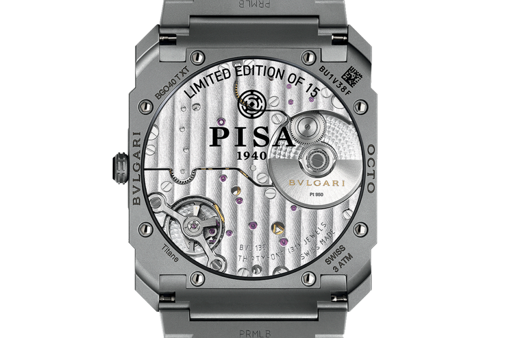 Il fondello del Nuovo Bulgari Octo Finissimo X Pisa Orologeria con scritto Limited Edition of 15 e Pisa 1940