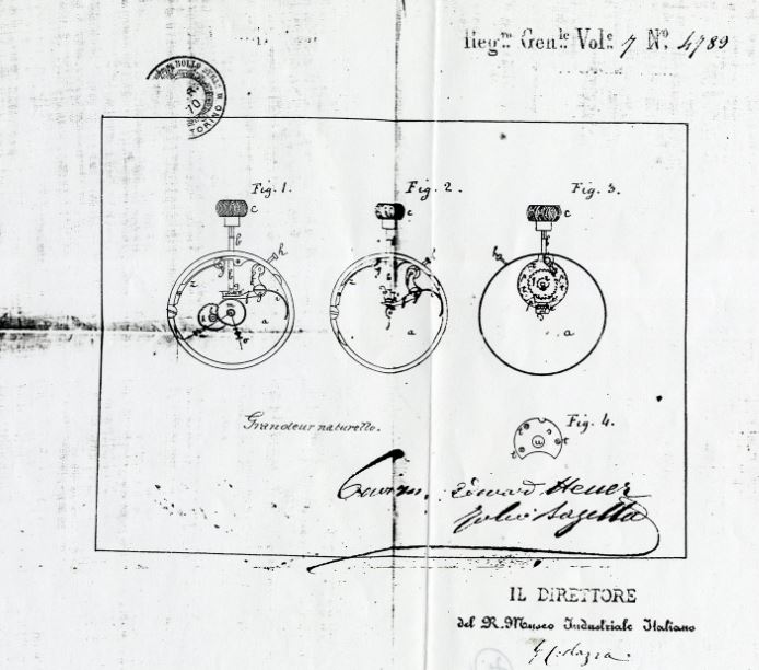 rappresentazione del brevetto dell'orologio senza chiave di carica di Edouard Heuer 
