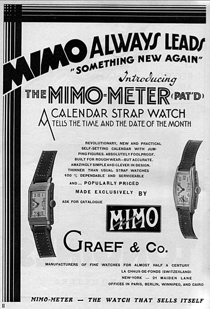 advertising of the Mimo by Girard Perregaux the first date wristwatch.