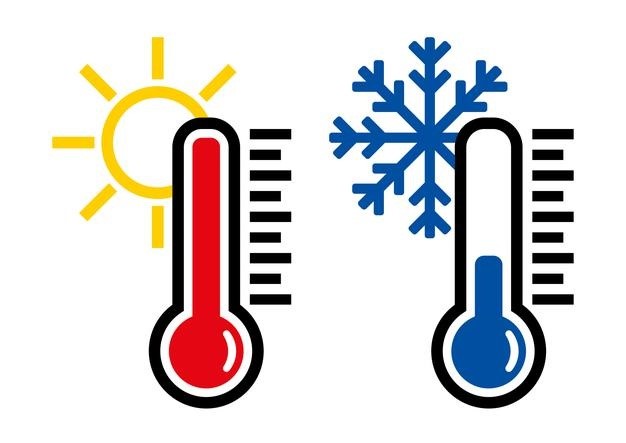 due icone di termometri una accanto all'altra. Il primo temperatura calda con un sole accanto, il secondo temperatura fredda con un fiocco di neve accanto