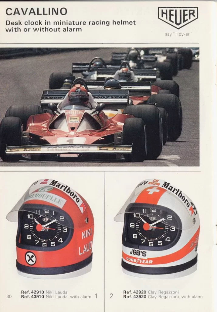 vintage advertising of a F1 helmet clock from heuer and ferrari