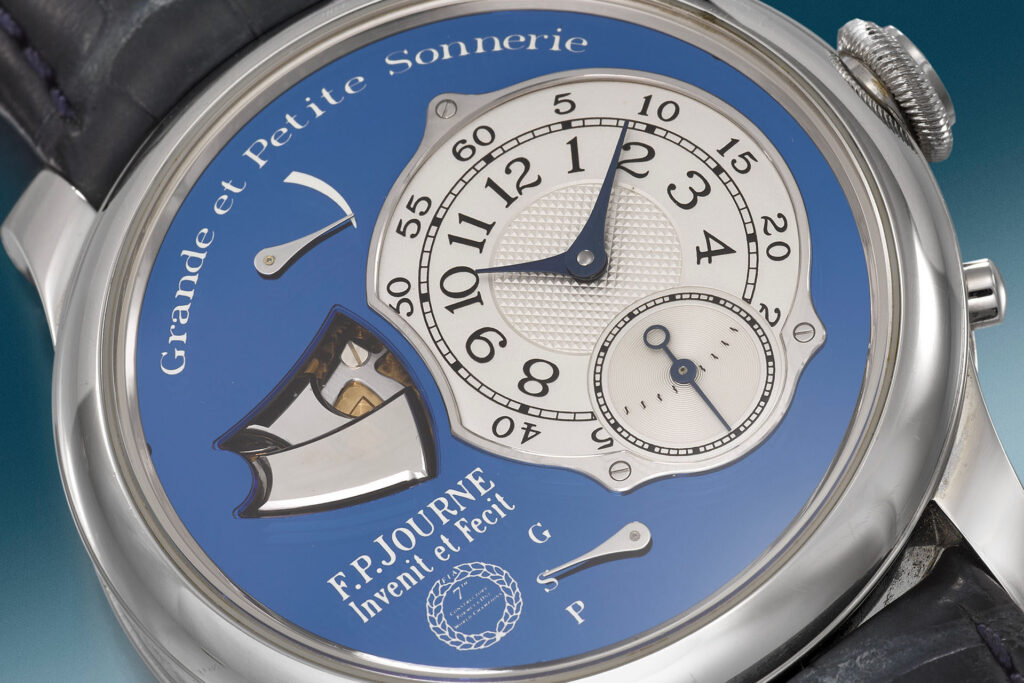 The blue dial of the F.P. Journe by Jean Todt Sonnerie Souveraine model in platinum
