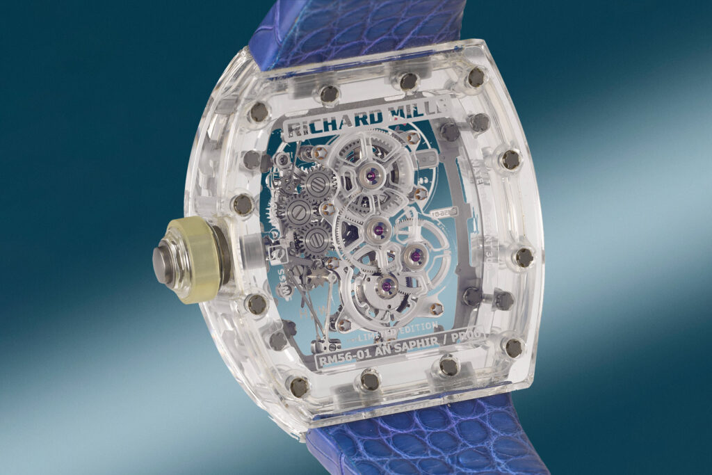 Jean Todt's Richard Mille RM 56-01 prototype sapphire watch with alligator strap seen from the back
