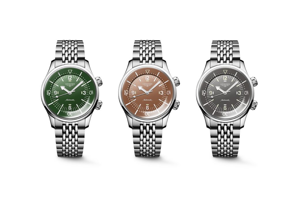 i nuovi longines legend diver con quadrante verde, arancione e grigio