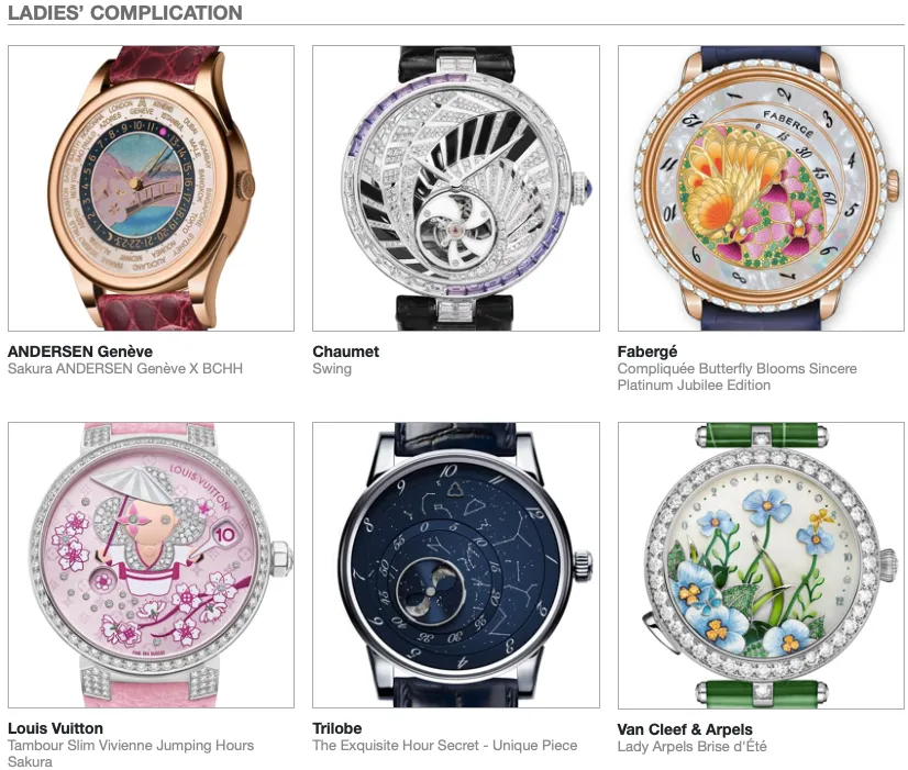 gli orologi finalisti del GPHG 2024 della categoria ladies's complication 