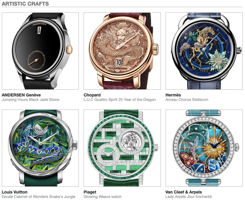 gli orologi finalisti del GPHG 2024 della categoria artististic crafts 