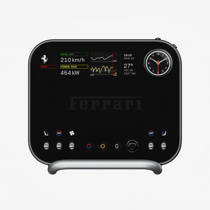 Dettaglio degli interni della Ferrari Luce progettati con LoveFrom di Jony Ive e Marc Newson, caratterizzati da alluminio satinato, controlli fisici e design minimalista