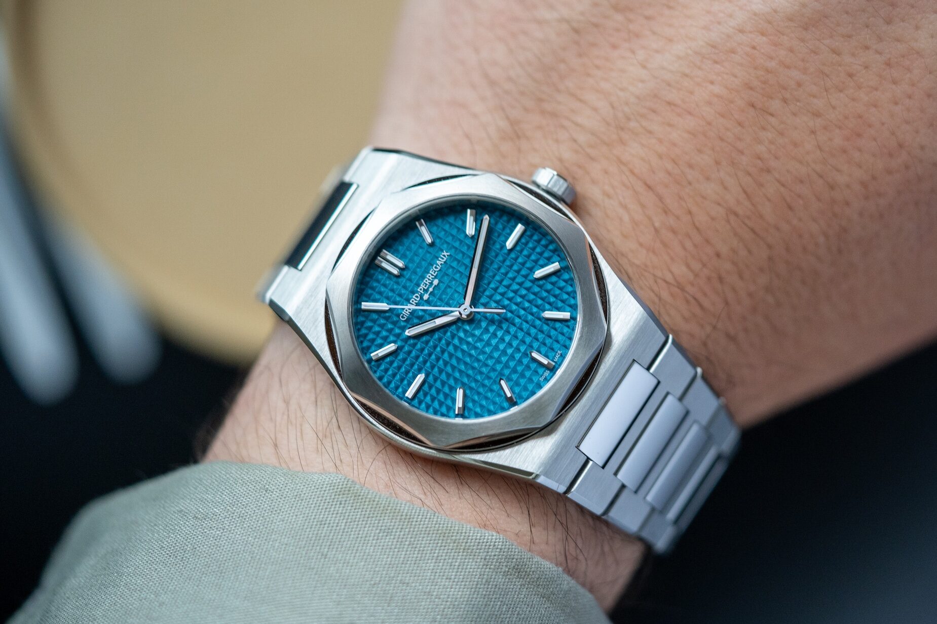 Detail of the blue enameled Clous de Paris dial of the Girard-Perregaux Laureato Fifty 39 mm