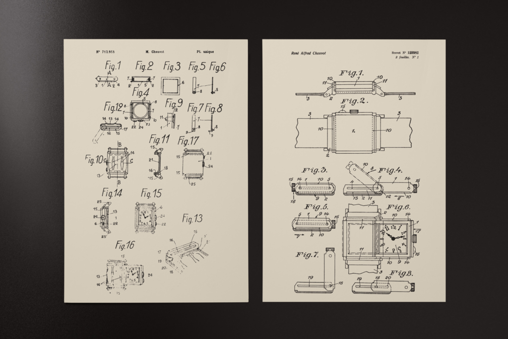I disegni originali relativi al brevetto della cassa reversibile Jaeger-LeCoultre Reverso