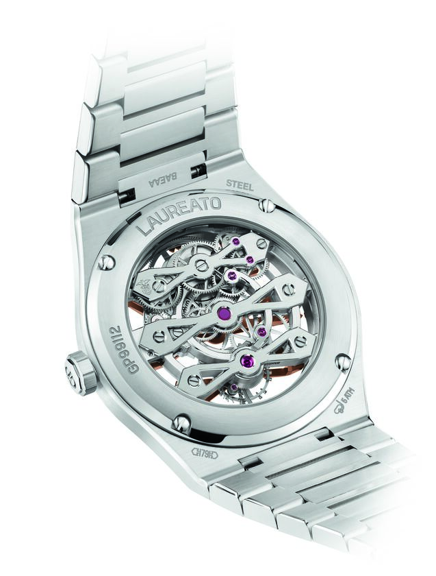 Fondello in vetro zaffiro del Girard-Perregaux Laureato Fifty Three Gold Bridges con vista sul calibro GP9620