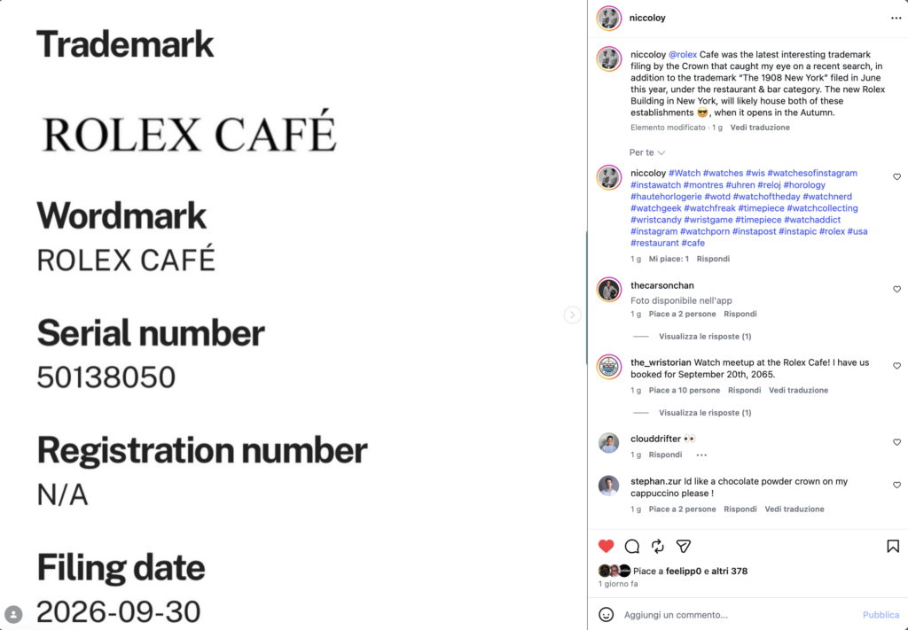 Application for registration of the “Rolex Café” trademark filed in the United States on September 30, 2026.